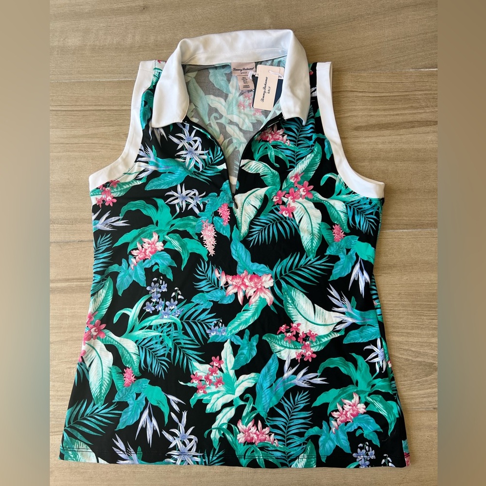 Tommy Bahama Black Tropical Zip Sleeveless Polo with Teal & Pink Floral Print